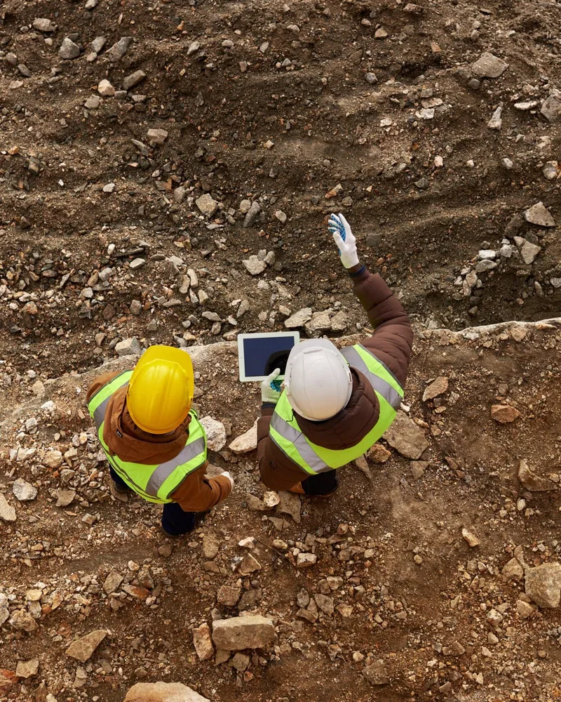 two construction workers inspecting site